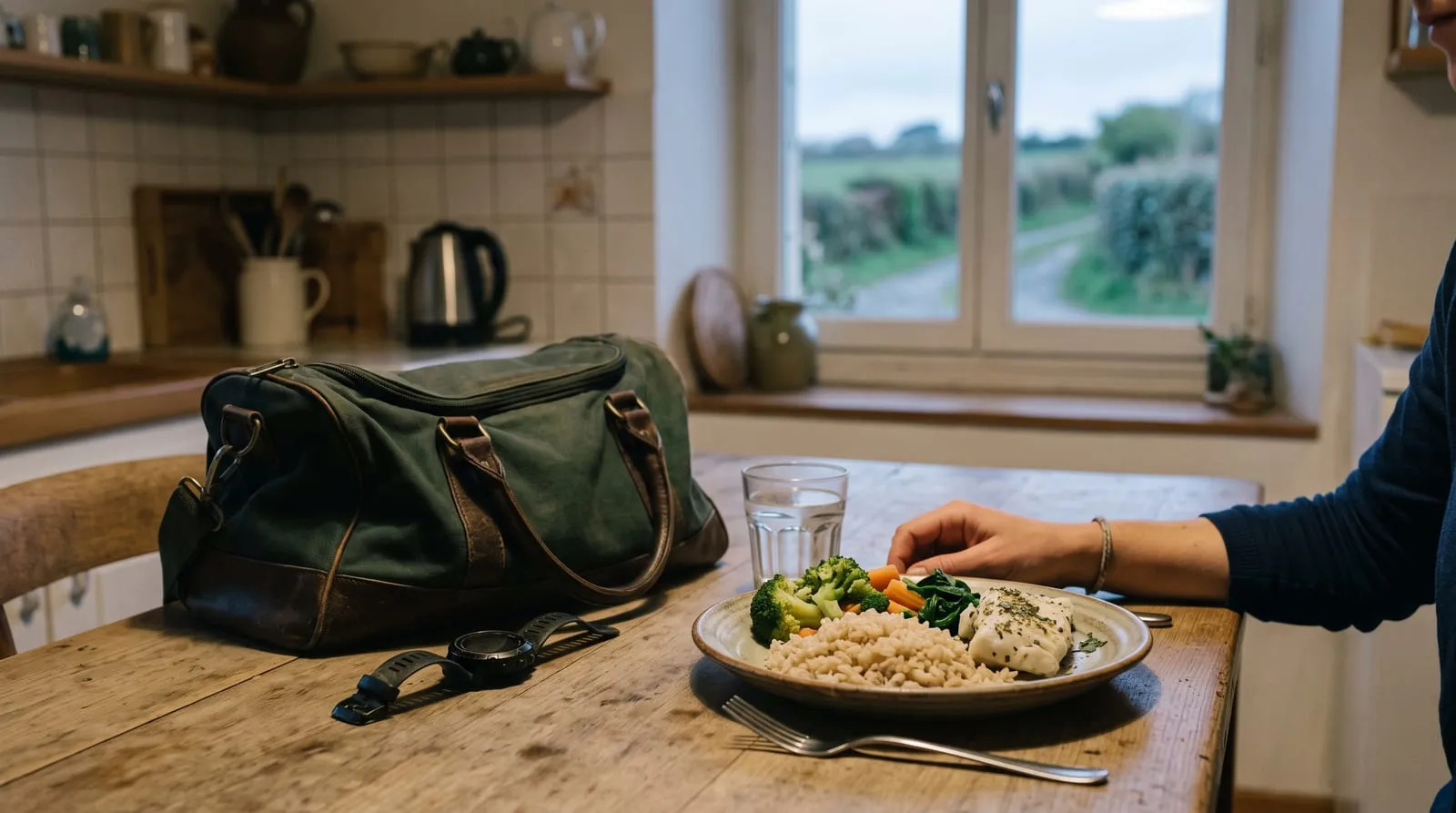 Une table de cuisine en fin de journée : une assiette complète de riz, de poisson et de légumes posée à côté d'un sac de sport encore fermé et d'une montre cardio retournée.