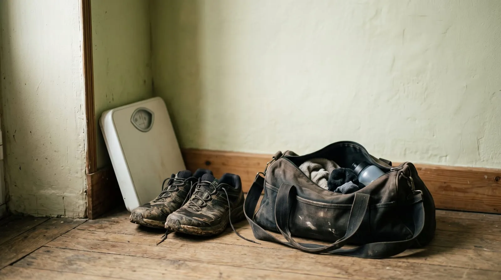 Une balance de salle de bain repoussée dans un coin d'entrée, à côté d'une paire de chaussures de sport usées et d'un sac d'entraînement ouvert.