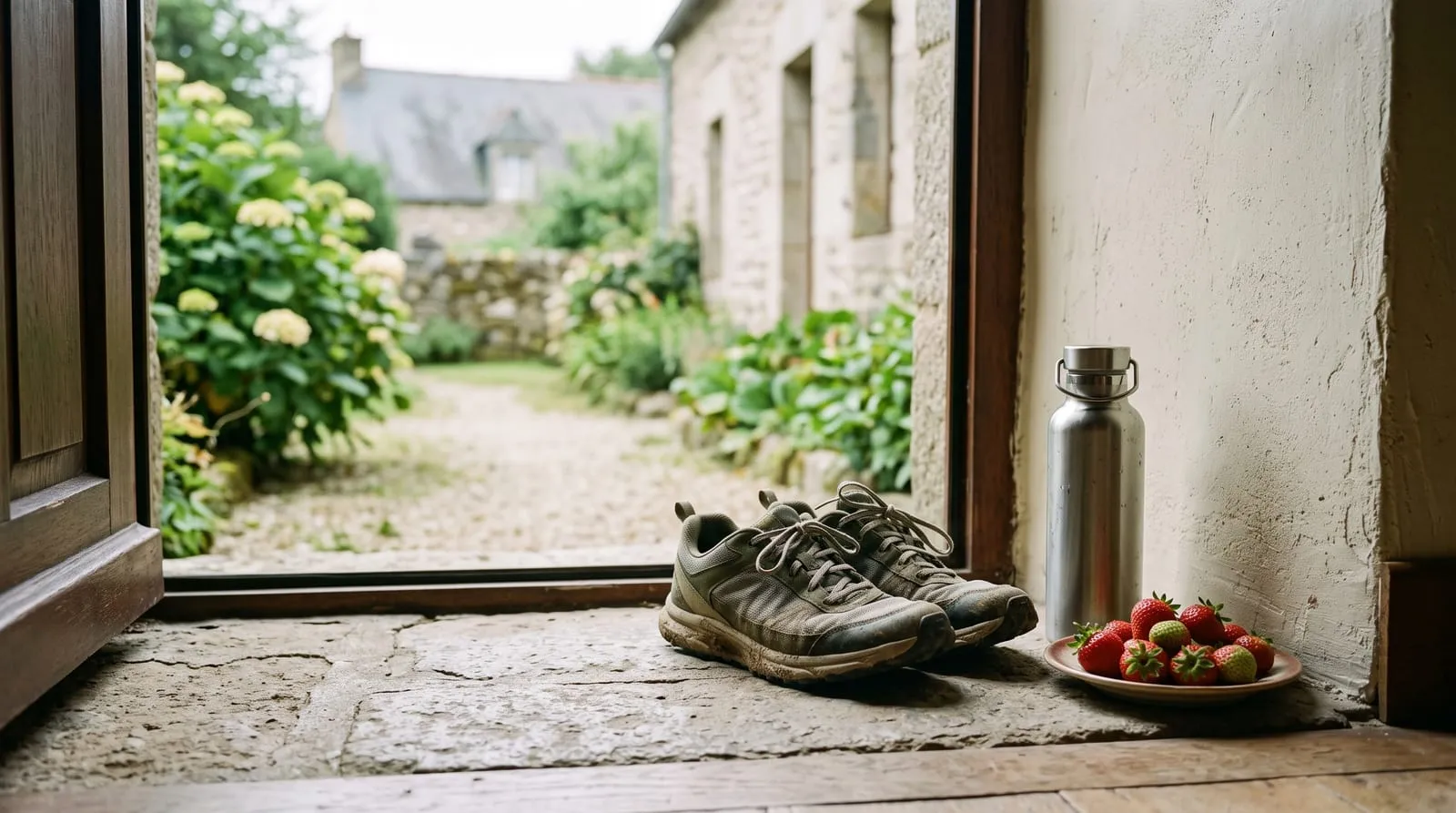 Une paire de chaussures de course posée près d'une porte d'entrée, avec une gourde et un fruit, dans la lumière de début d'été.
