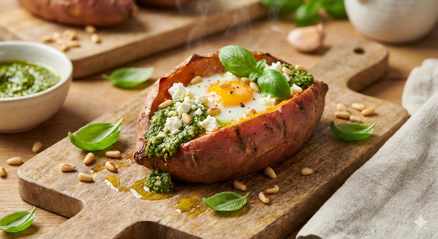 Patate douce farcie à l'œuf, feta et pesto